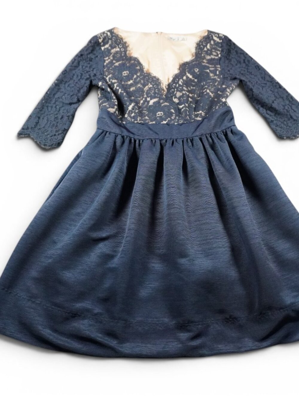 Eliza J Dress Womens 10 Navy Blue Lace Fit & Flare 3/4 Sleeve V Neck Lined